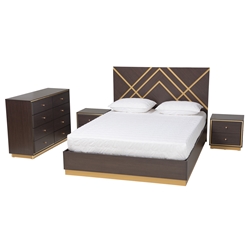Baxton Studio Arcelia Contemporary Glam and Luxe Two-Tone Dark Brown and Gold Finished Wood Queen Size 4-Piece Bedroom Set